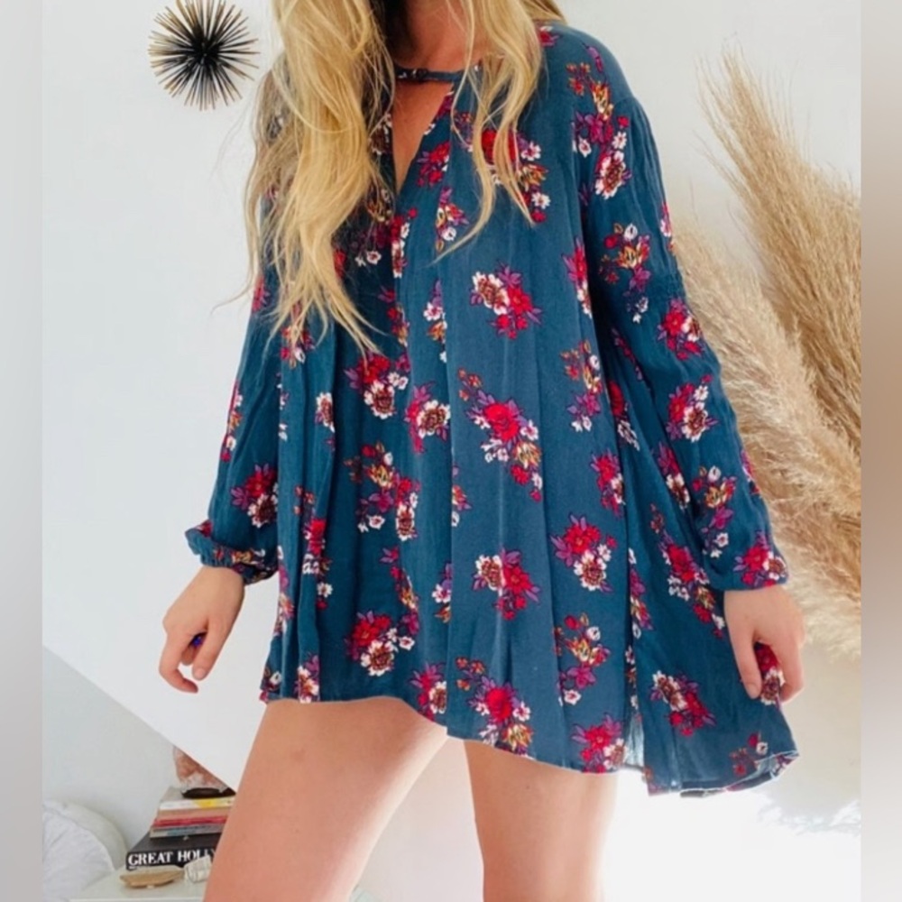 Free People Gardenia Jade Floral Retro Print Swing Tunic Mini Dress Size Large